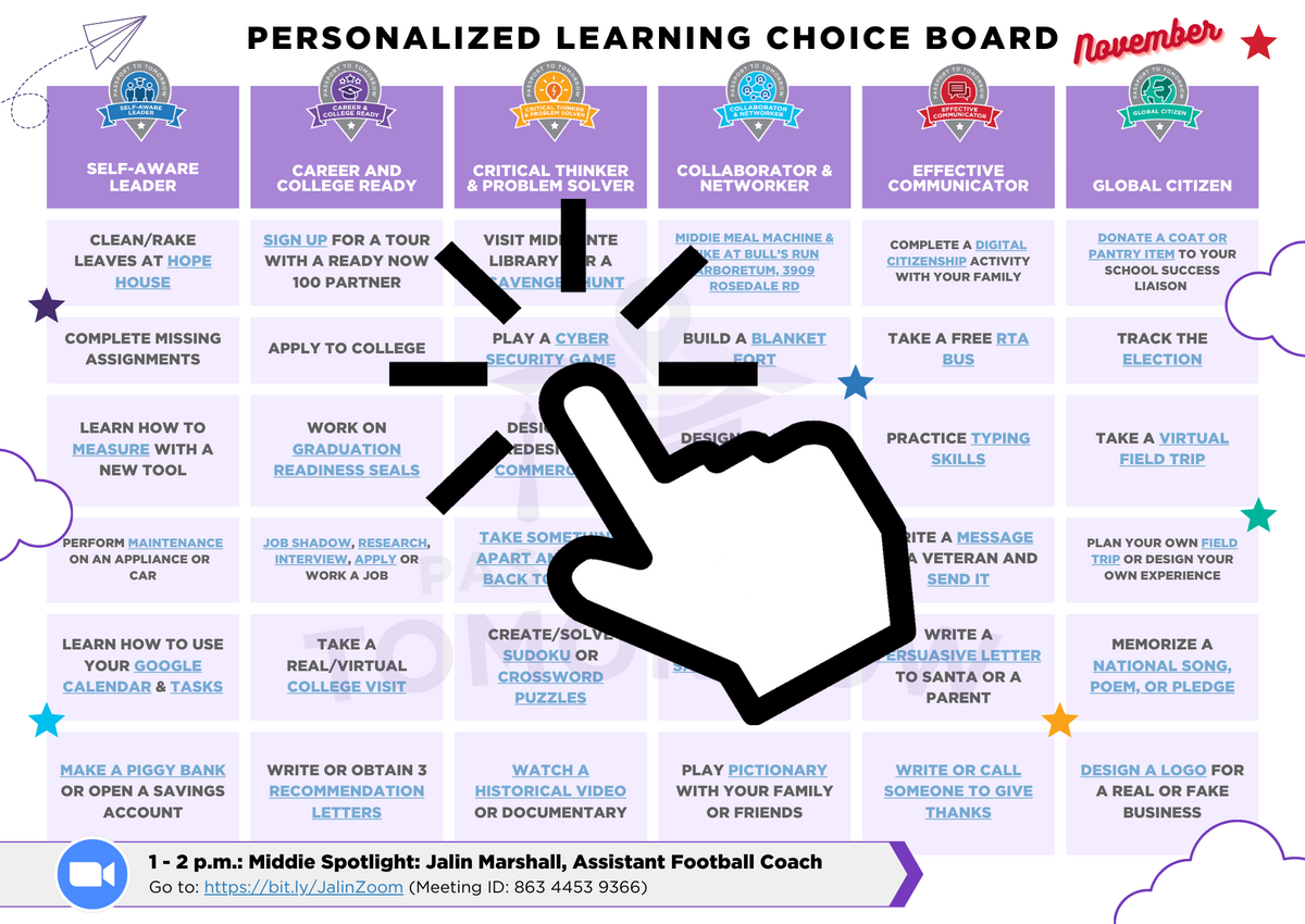 graphic of the personalized learning choice board with different tiles of options for students to pick from